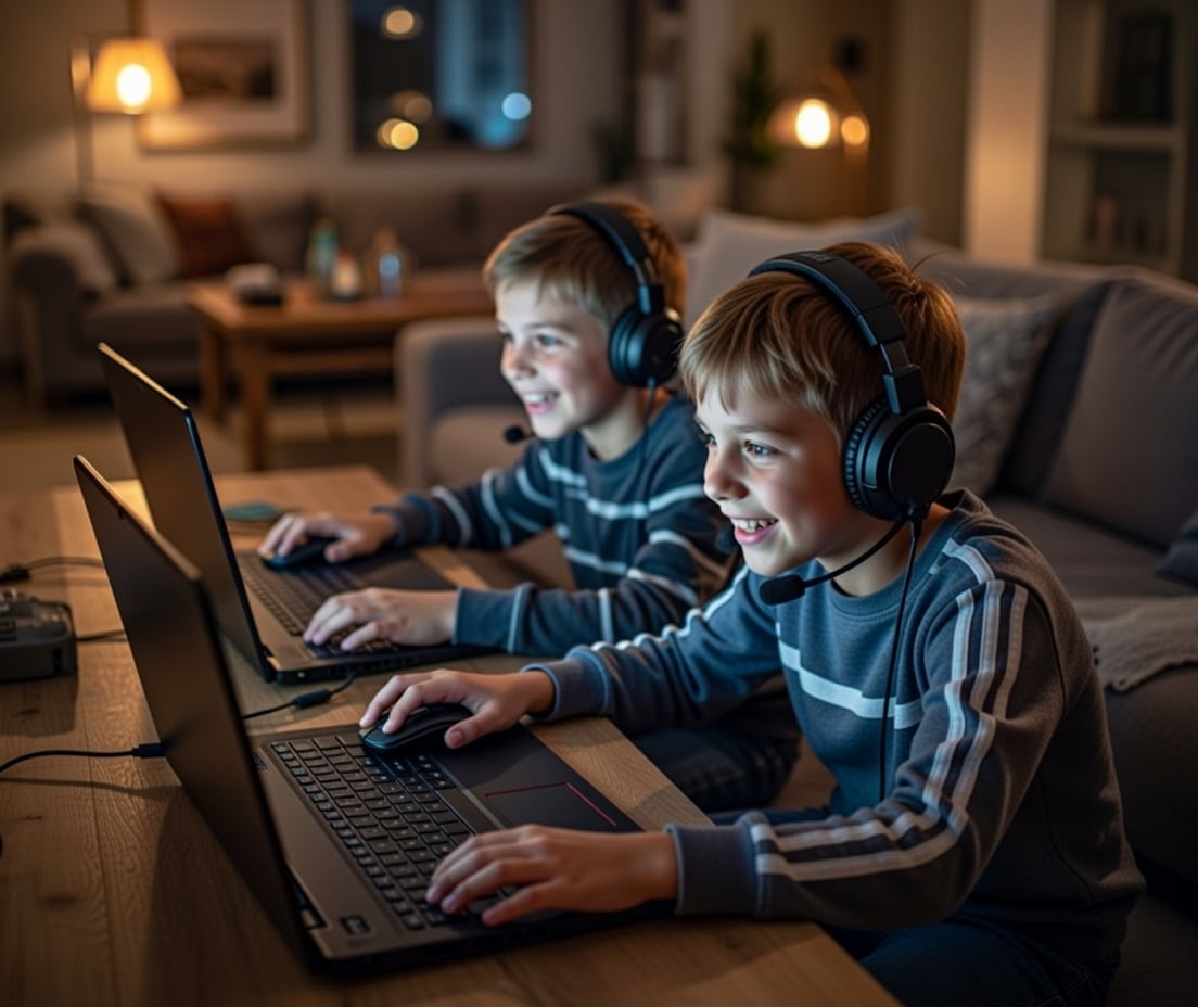 blije kinderen met sinterklaas aan het gamen